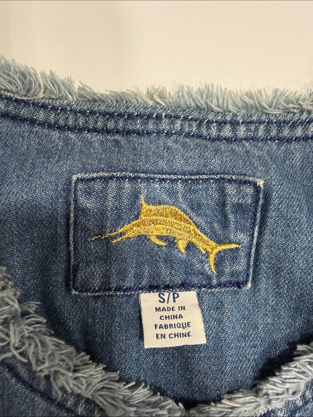 Tommy Bahama Frayed Collarless Denim Jean Jacket, SMALL - Picture 5 of 8